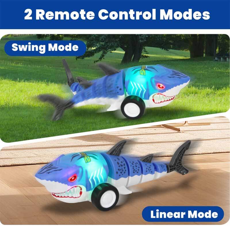 Close-up of kids' electric shark RC toy, highlighting LED lights and durable remote control design.