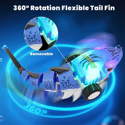 Boy playing with large remote control shark toy, showcasing its LED features and fast dual drive.