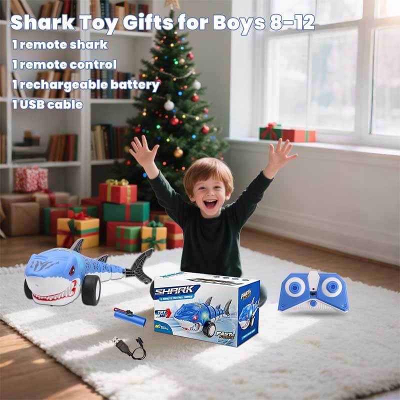 Side view of a kids' RC shark toy, illustrating its sleek design, LED lights, and dual drive capability.