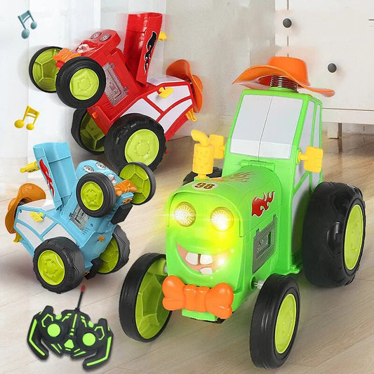 Kids' RC Stunt Tractor Toy, yellow and black, with LED lights, perfect for outdoor play