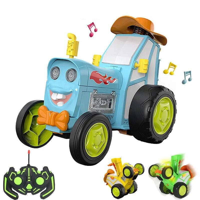 Remote control tractor toy performing a stunt, with bright lights and playing music