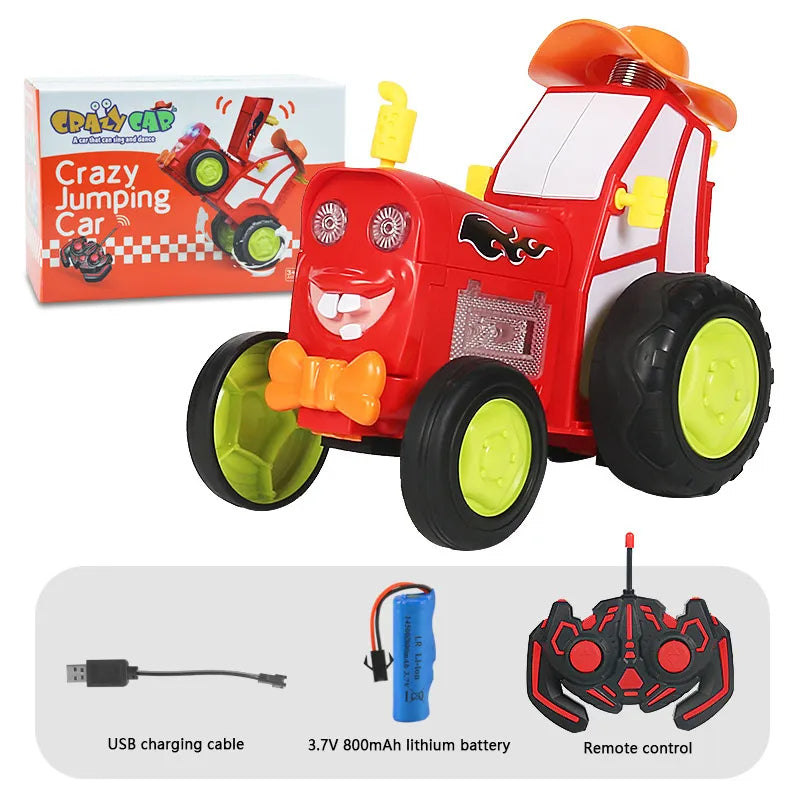 Close-up of a remote control tractor toy's rugged wheels, designed for stunts and play
