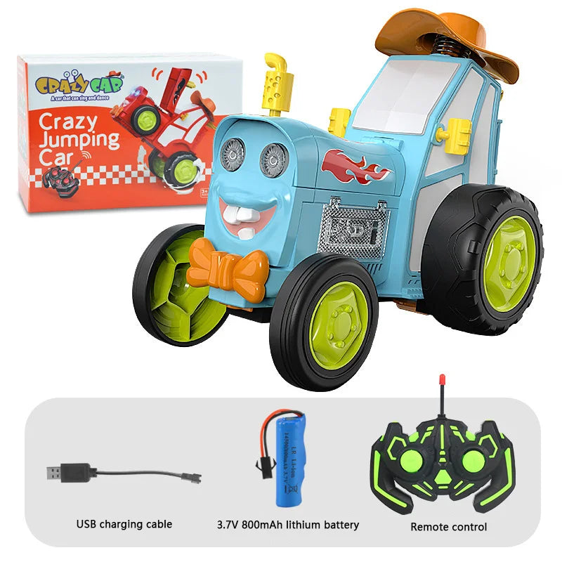 Kids playing with an RC stunt tractor, showing lights and action for an exciting experience