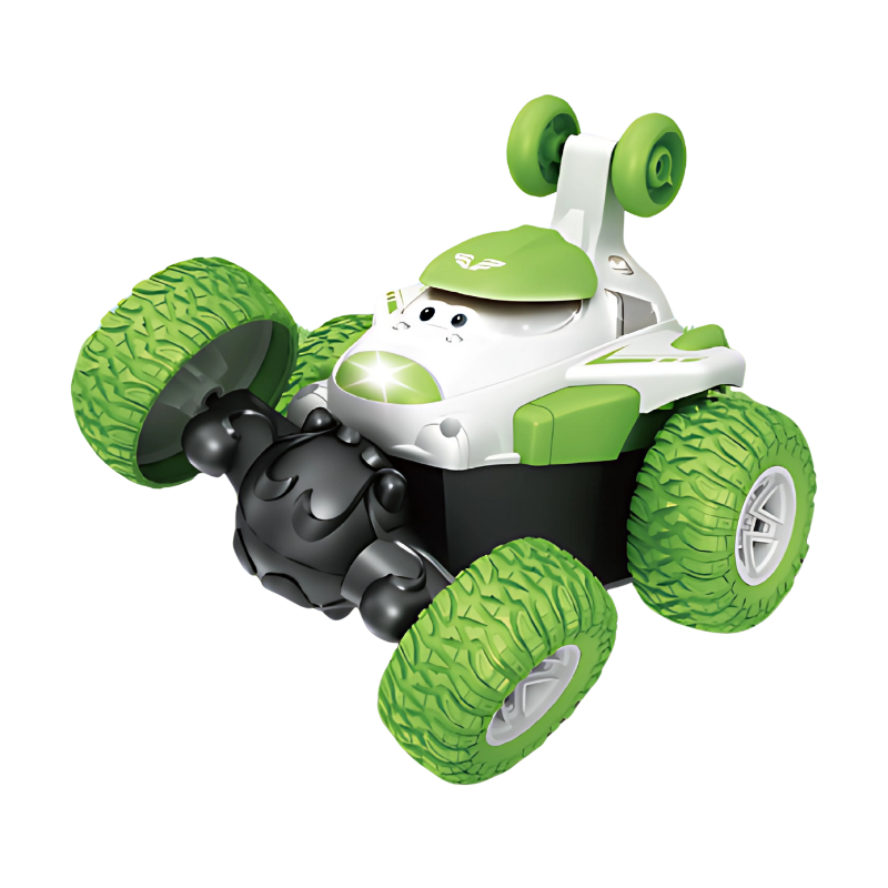 Dynamic image of a kids' RC stunt car, mid-air during a 360 spin, with bright LED lights, a thrilling toy.