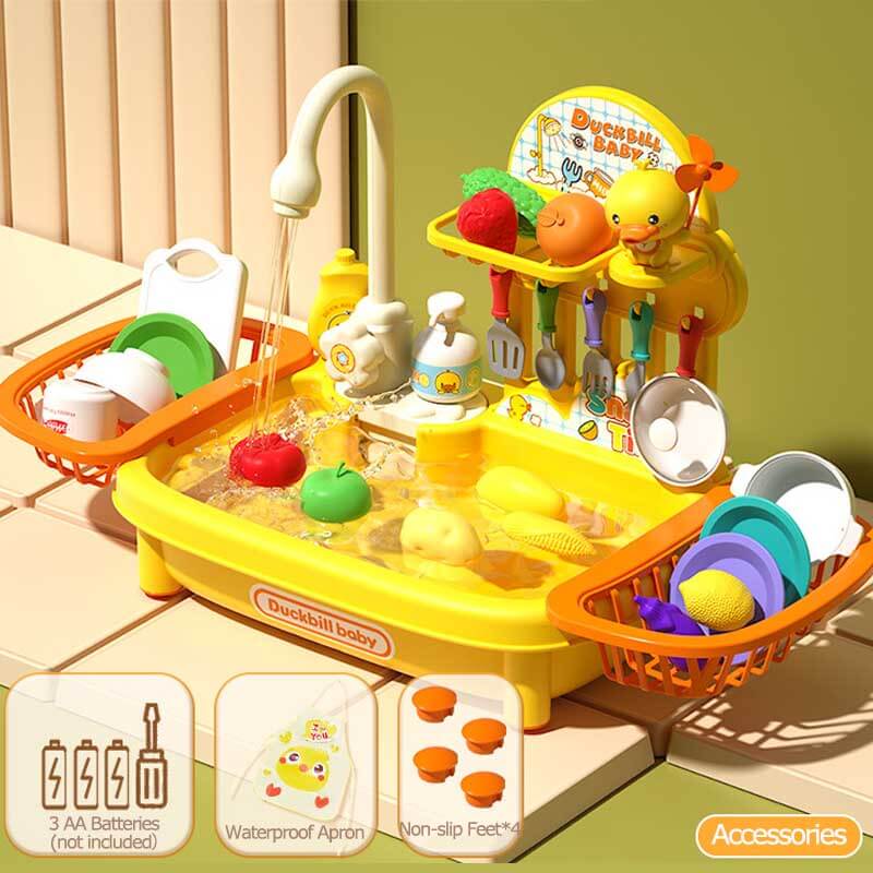Kids' realistic play kitchen sink with running water, educational role-play toy for children's activity fun.