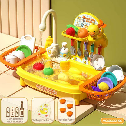 Kids' realistic play kitchen sink with running water, educational role-play toy for children's activity fun.