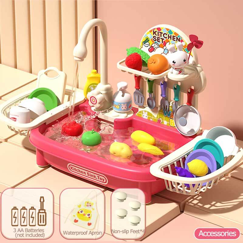 Packaging box of the kids' realistic play kitchen sink with running water, showcasing features and accessories.