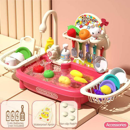 Packaging box of the kids' realistic play kitchen sink with running water, showcasing features and accessories.