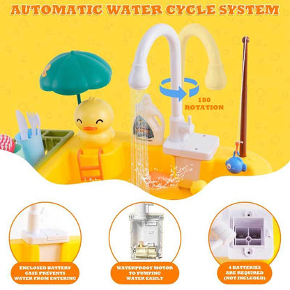 Set of accessories for the kids kitchen sink toy including plates, cups, and utensils for imaginative play.
