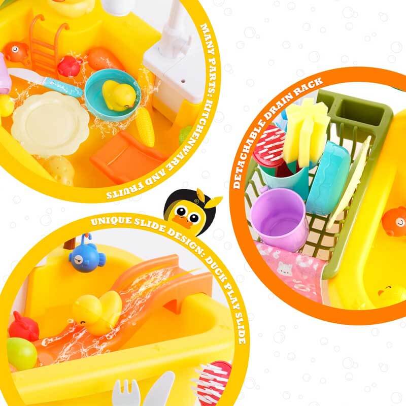 A young girl learning and having fun with a dishwasher toy, part of a realistic kitchen sink playset.