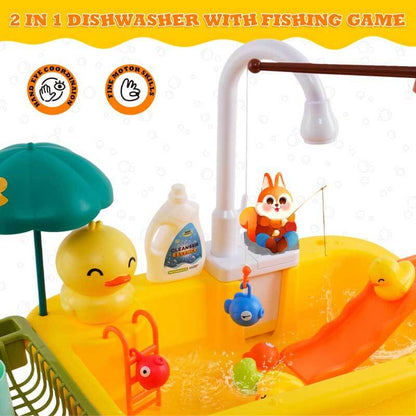 Overhead view of the kids' activity toy, a play kitchen sink with all its water play components.