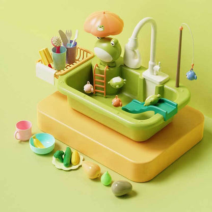 Boy and girl sharing a fun moment, playing together with the educational water-running kitchen sink toy.
