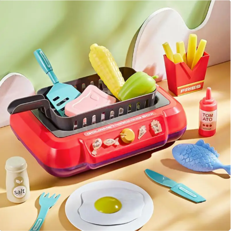 Kids' realistic pretend play cooking set with miniature pots, pans, and utensils for imaginative toddler activity.