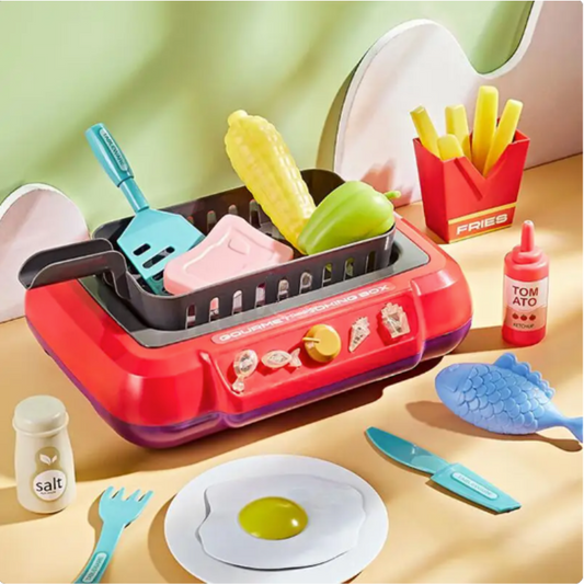 Kids' realistic pretend play cooking set with miniature pots, pans, and utensils for imaginative toddler activity.