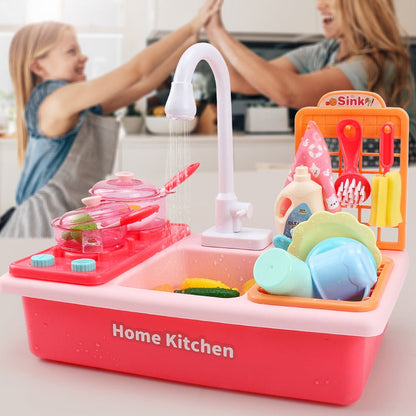 Toddler playing with colorful plastic toy kitchen, pretending to cook delicious meals