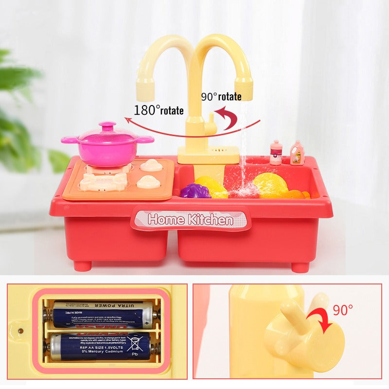 Detailed close-up of a kids' pretend play kitchen stovetop with knobs and sink