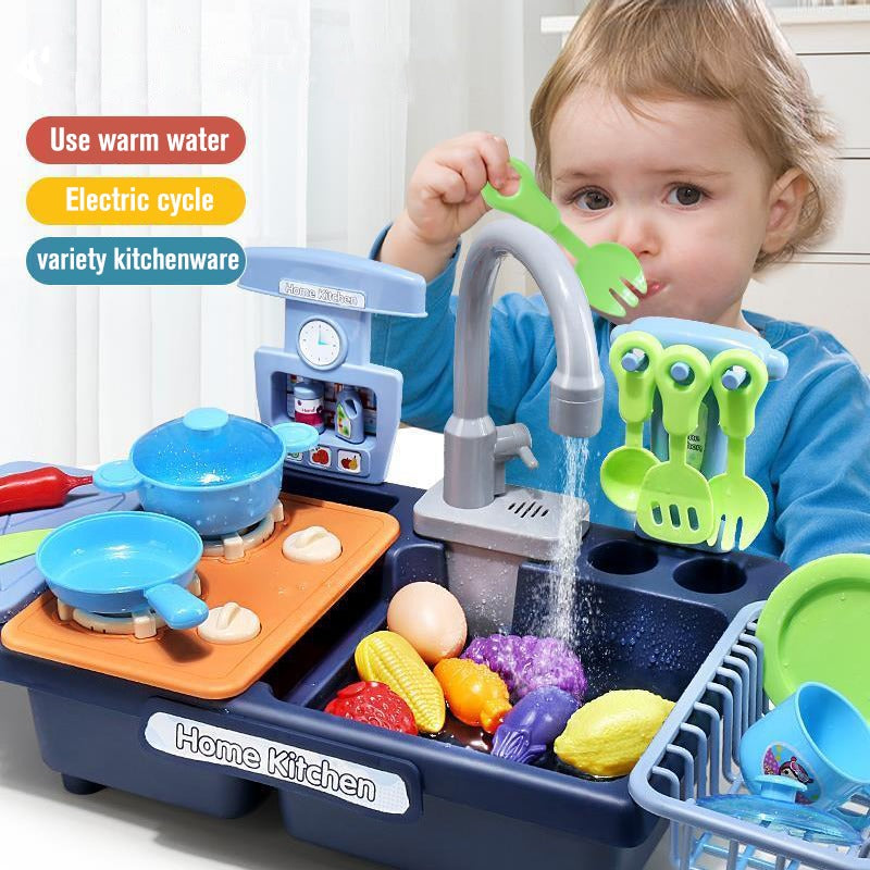 Happy child enjoying indoor play with their new realistic toy kitchen set and accessories