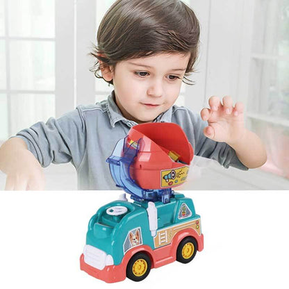 Kids' red automatic domino train laying colorful plastic blocks in a line, an educational activity toy.
