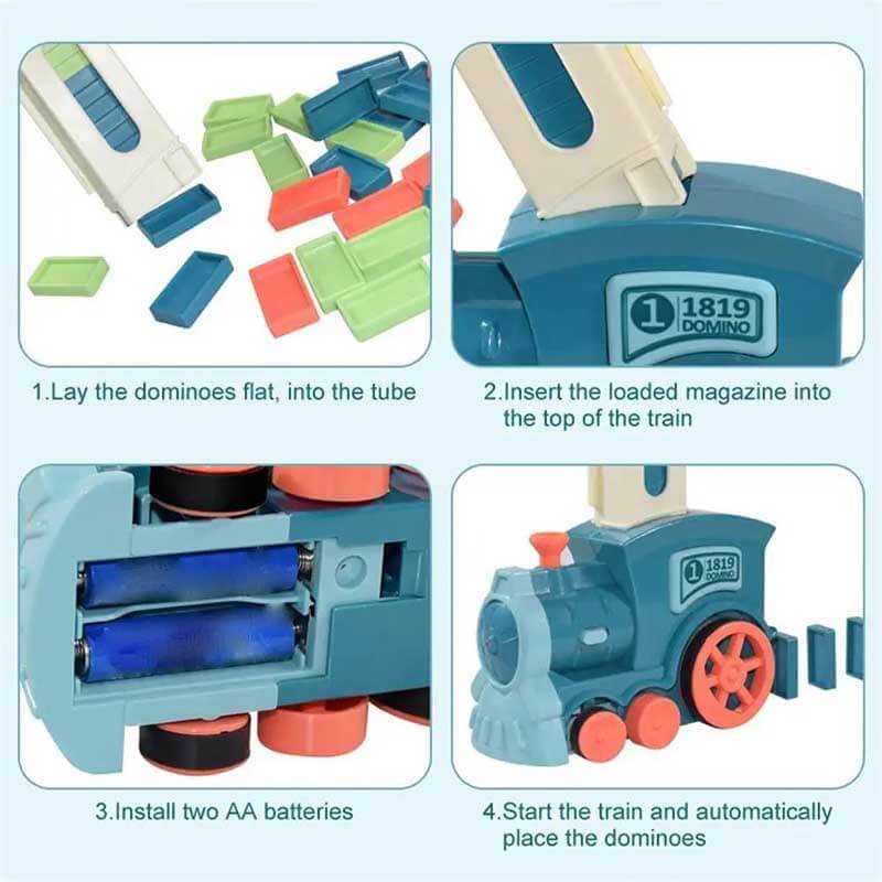 Full set of Kids' Automatic Domino Laying Train Toy: train, dominoes, and a guide, a perfect toddler gift.