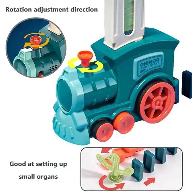 Close-up of colorful building bricks being automatically laid by the red domino train toy.