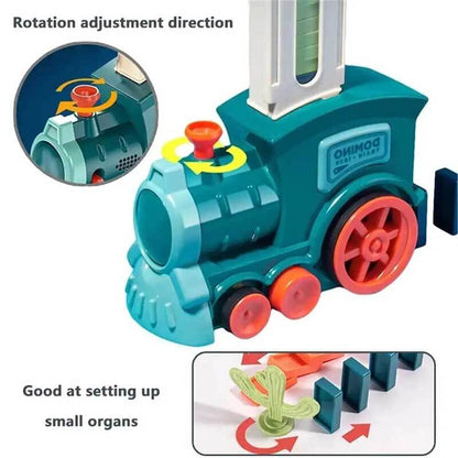 Close-up of colorful building bricks being automatically laid by the red domino train toy.