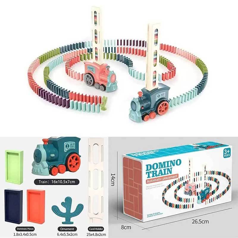 Child delightedly watching a red automatic domino train lay dominoes, an engaging activity toy for toddlers.