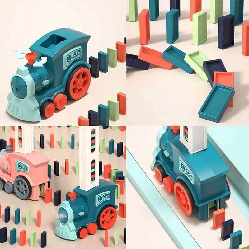 Automatic red domino train toy with a transparent top, showcasing the domino-laying mechanism for kids.