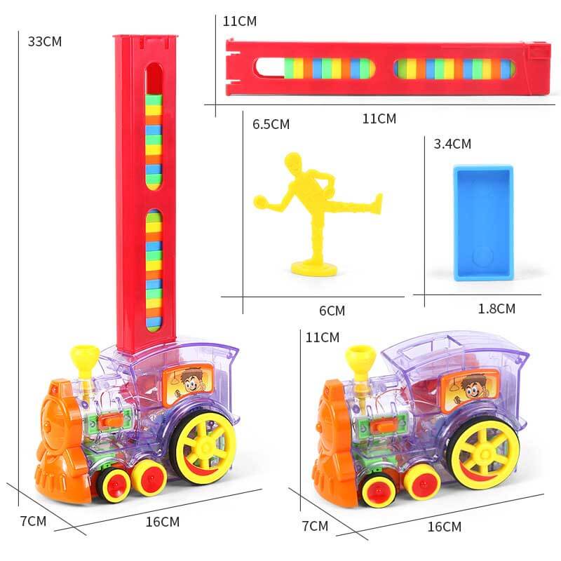 Packaging for the Kids' Automatic Domino Laying Train Toy Set, highlighting its features and colorful blocks.