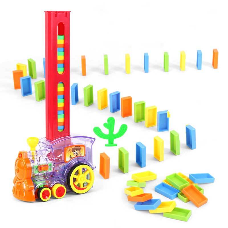 Kids' red automatic domino train with a fun, friendly design, laying plastic dominoes for a chain reaction.