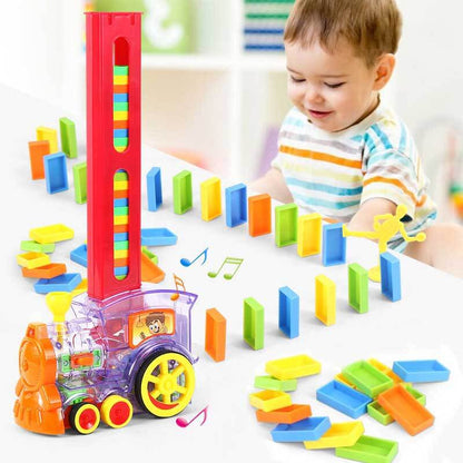 Close-up of the automatic mechanism of a red domino train toy, showing its domino-laying function.