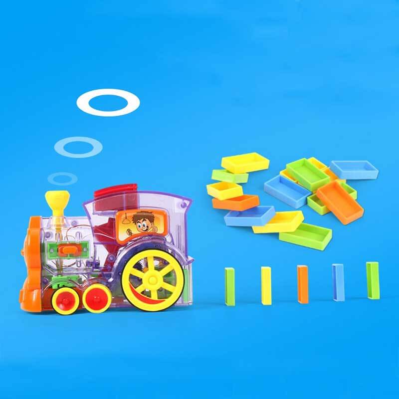 Automatic domino train toy set in action, creating a long line of vibrant building blocks for kids' play.
