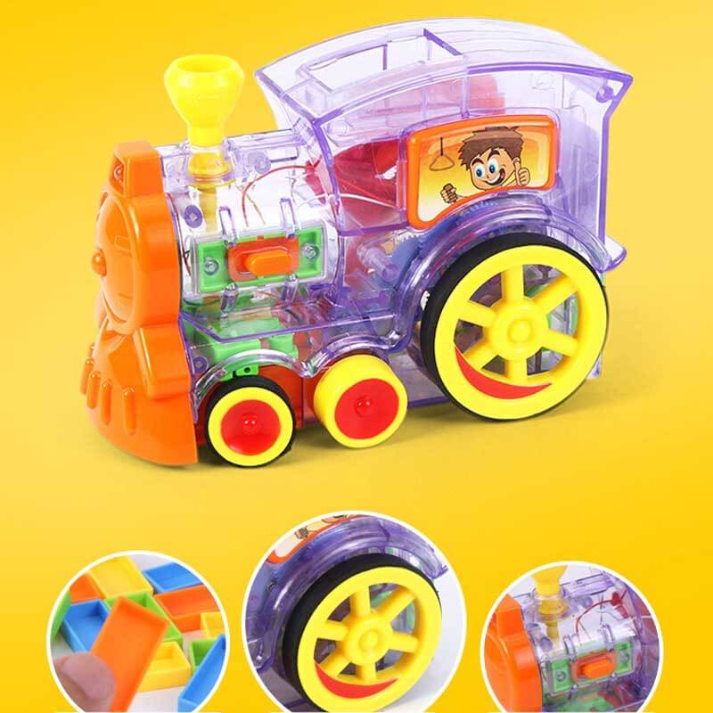 Side view of a red domino train, a kids' activity toy, laying down small, colorful plastic dominoes.
