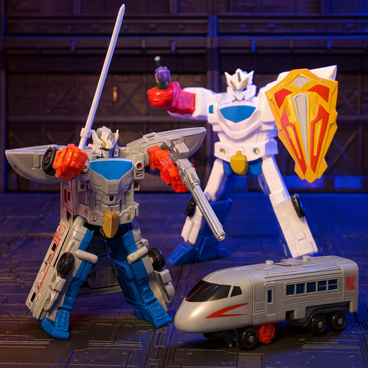 Kids' red & blue robot train transforming toy with bright LED lights & fun sound effects for interactive play.