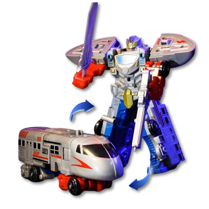 Detailed image of a red and blue transforming robot train toy, showcasing its converting mechanism and interactive features.