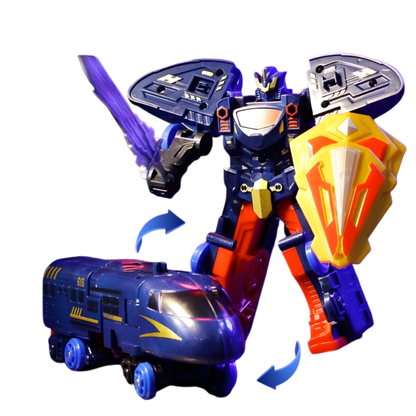 Fun kids' transforming robot train toy, in vehicle mode, with lights and sounds turned on, ready for imaginative play.