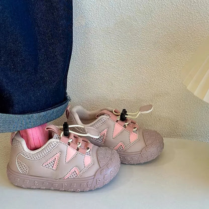 Yellow kids' non-slip sole shoes, breathable mesh toddler sneakers, ideal for comfort and stability.