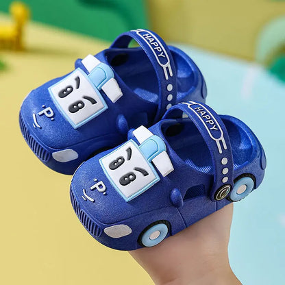 Footwear: Kids' cartoon car sandals on a white background, ready for summer adventures