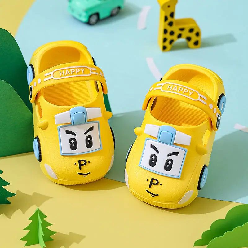 Pair of colorful kids' cartoon car sandals, ideal summer shoes for energetic toddlers