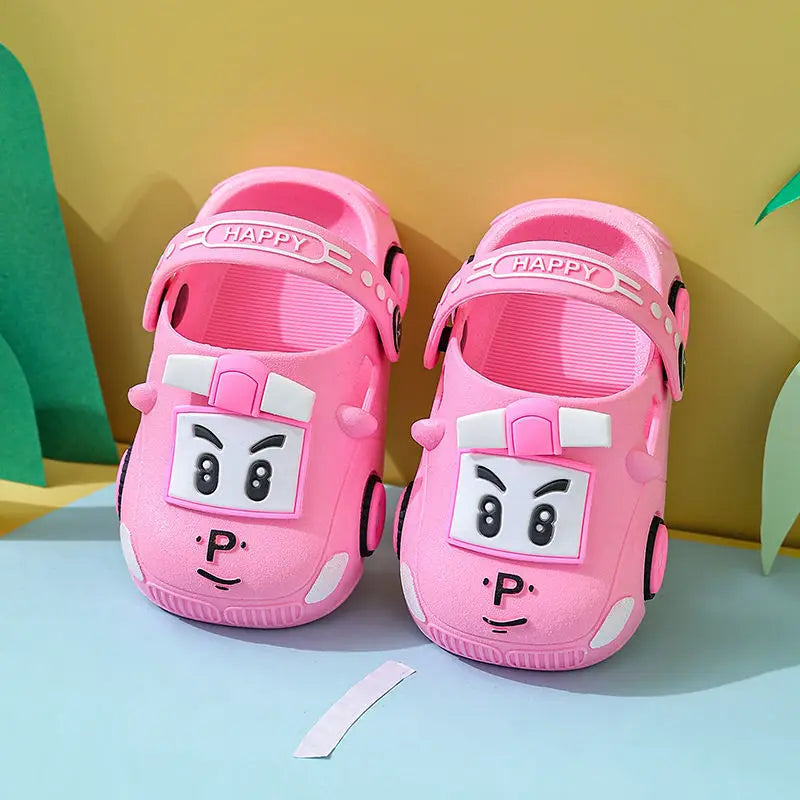 Green cartoon car sandals for kids, with an easy slip-on style for independent play