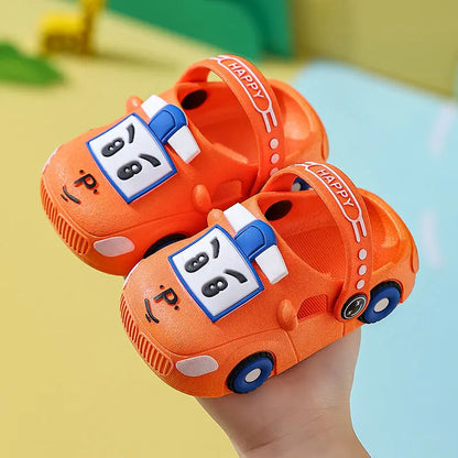Assortment of kids' cartoon car sandals in various colors, durable for summer outdoor play