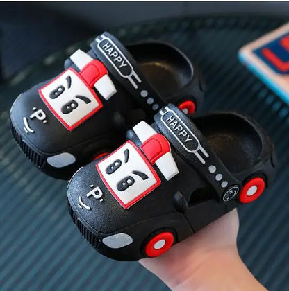 Zoomed-in texture of a breathable kids' cartoon car sandal, perfect for warm weather