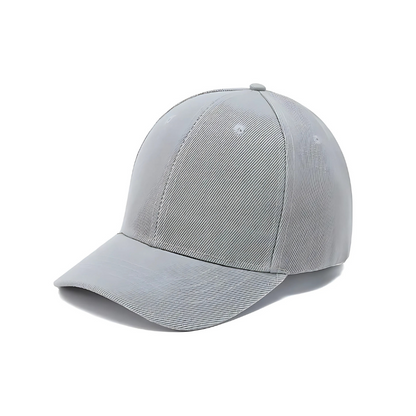 Front view of a white cotton baseball cap for kids, featuring a classic design and adjustable fit