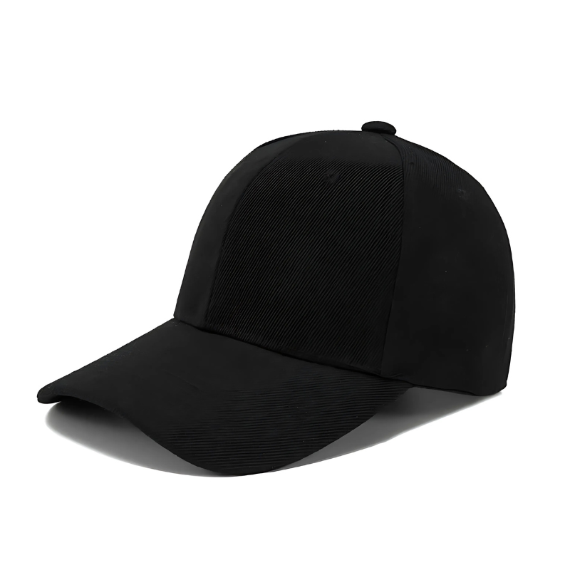 Close-up of a kids' black cotton baseball cap showing adjustable strap and breathable fabric