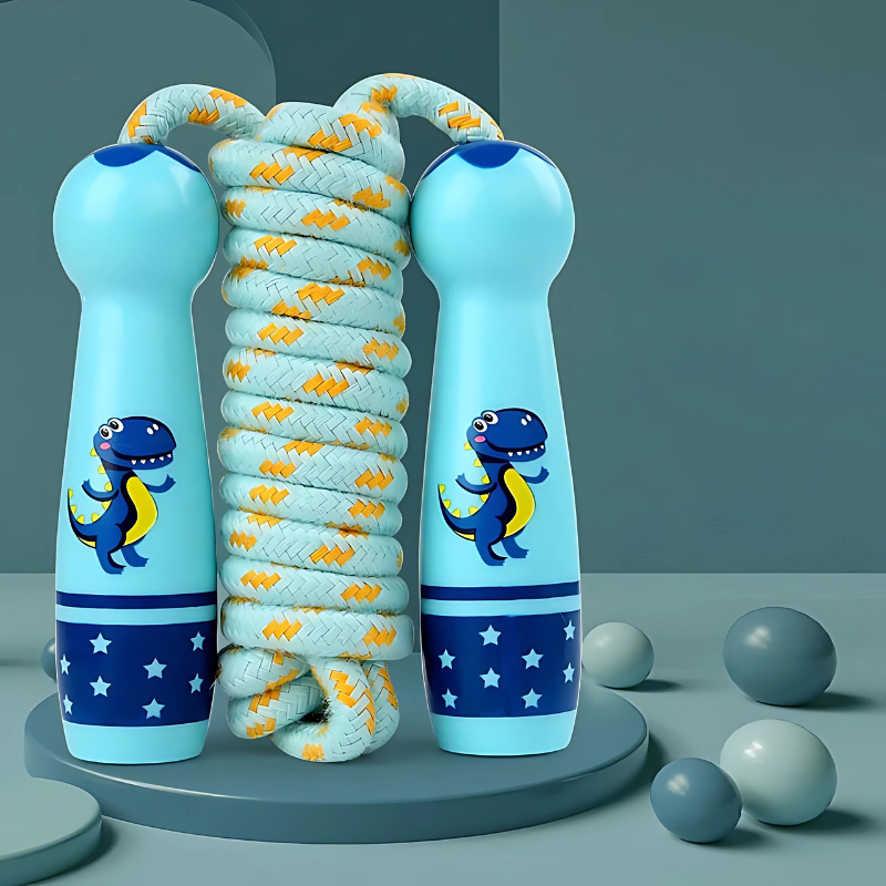 Kids' red cotton skipping rope with wooden handles, ideal for active outdoor play and coordination.
