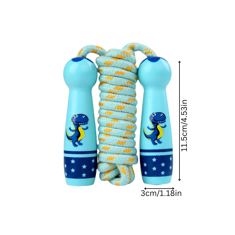 Adjustable green cotton jump rope for children, promoting fitness and fun in active kids' play.
