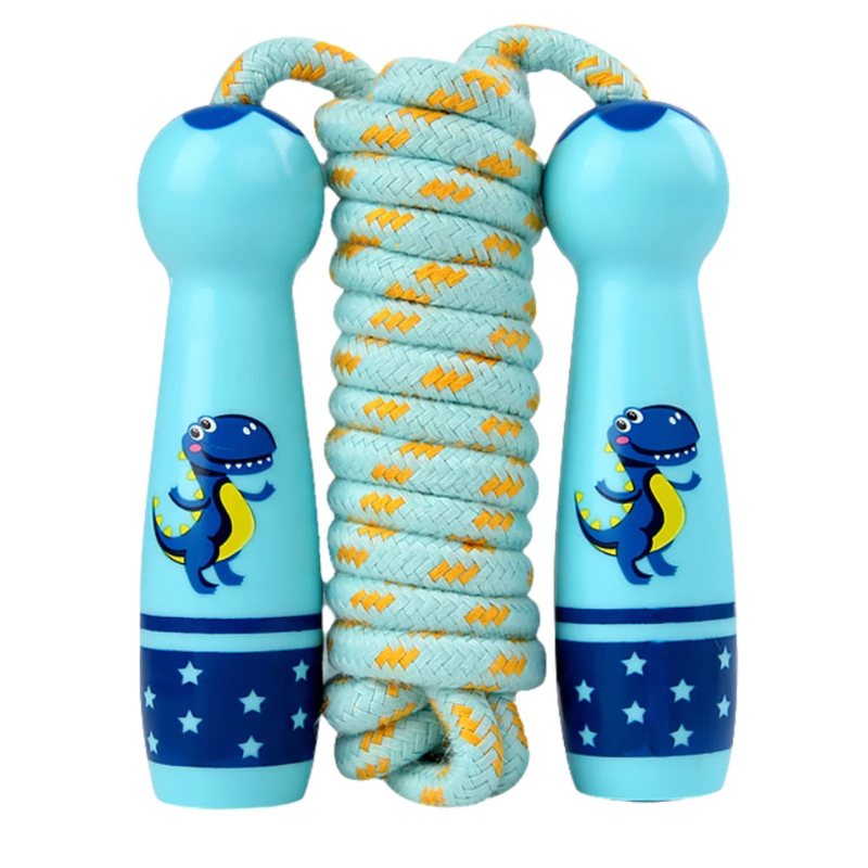 Child holding a blue cotton skipping rope, ready for outdoor play and improving coordination.