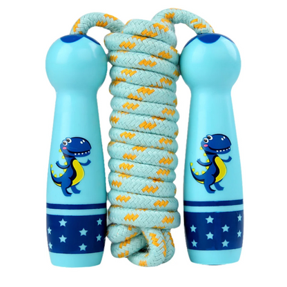 Child holding a blue cotton skipping rope, ready for outdoor play and improving coordination.