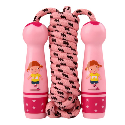 Close-up of a kid's cotton skipping rope handle, showing the quality wood and rope texture for active play.