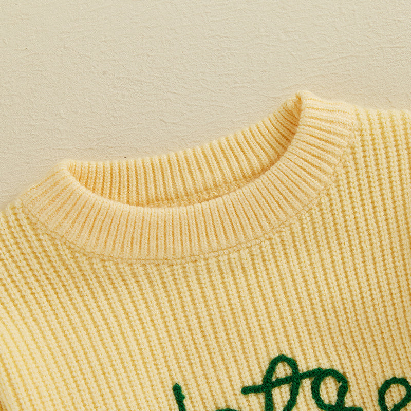 Youth festive embroidered crew neck pullover, warm winter sweater, perfect for holiday outfits and casual wear.