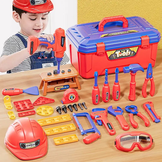 Kids' red educational construction play toolbox, role play toy for early learning and skills development
